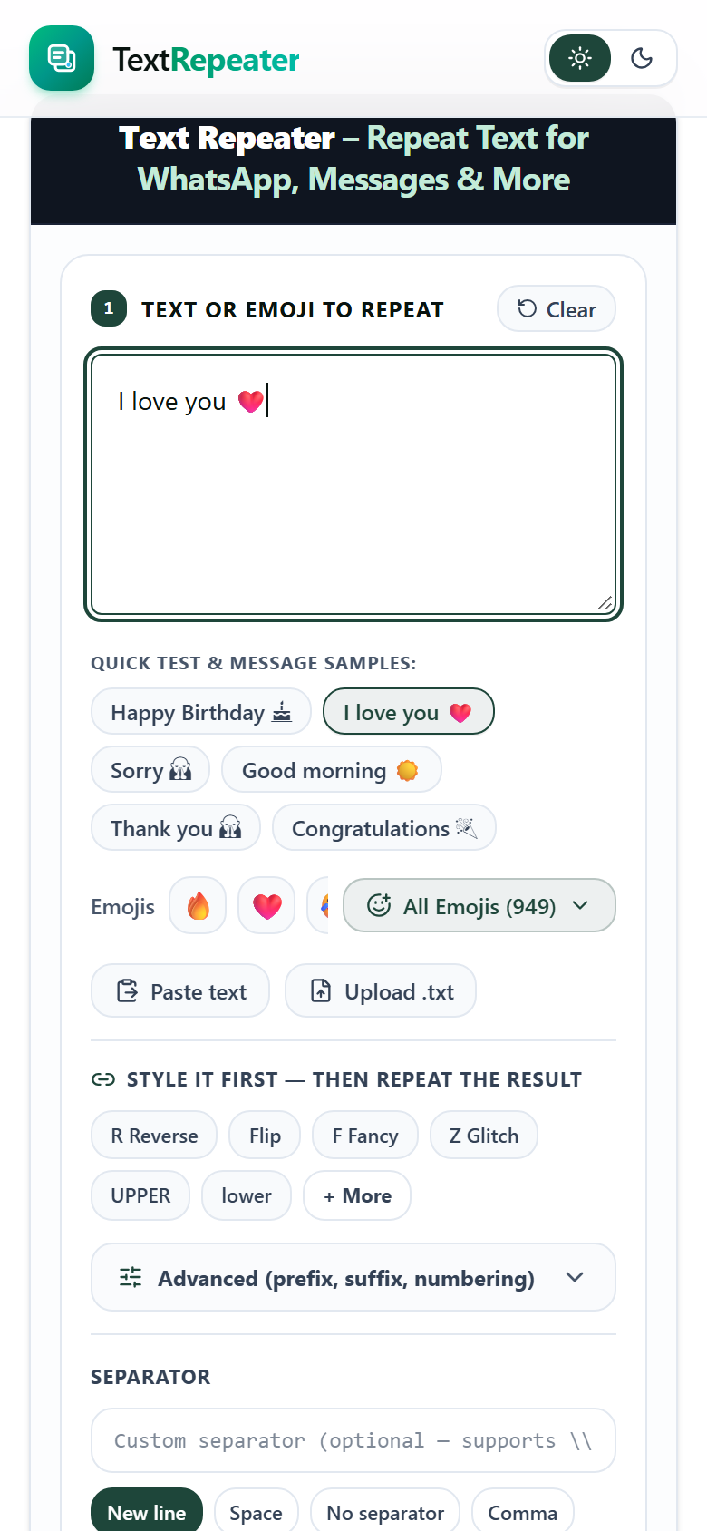 Text Repeater mobile input panel showing text box with I love you message, preset chips, and emoji library picker